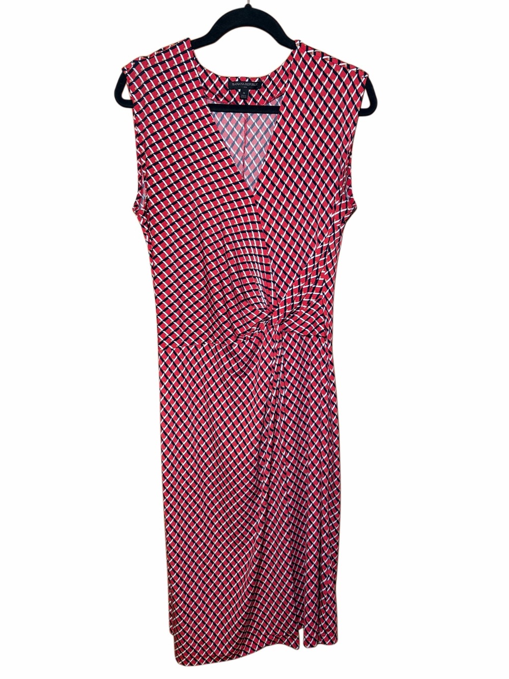 Banana Republic Faux Wrap Dress Sz M Red Geometric Print Sleeveless Vneck Midi